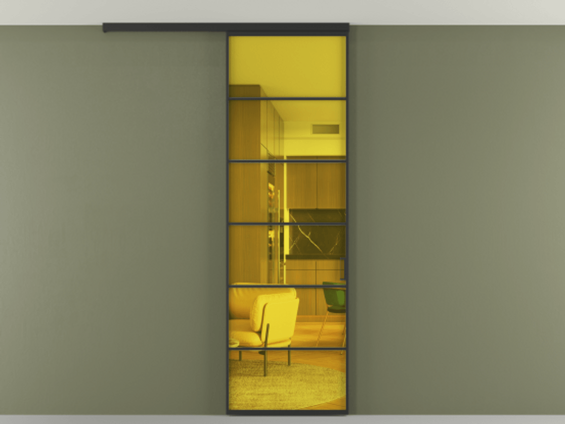 Перегородка Формато вдоль стены на потолок 1 створка АЛПР 040.04 Алюминий Черный Прозрачное жёлтое стекло, триплекс Цена 103632 ₽ | Volhovec