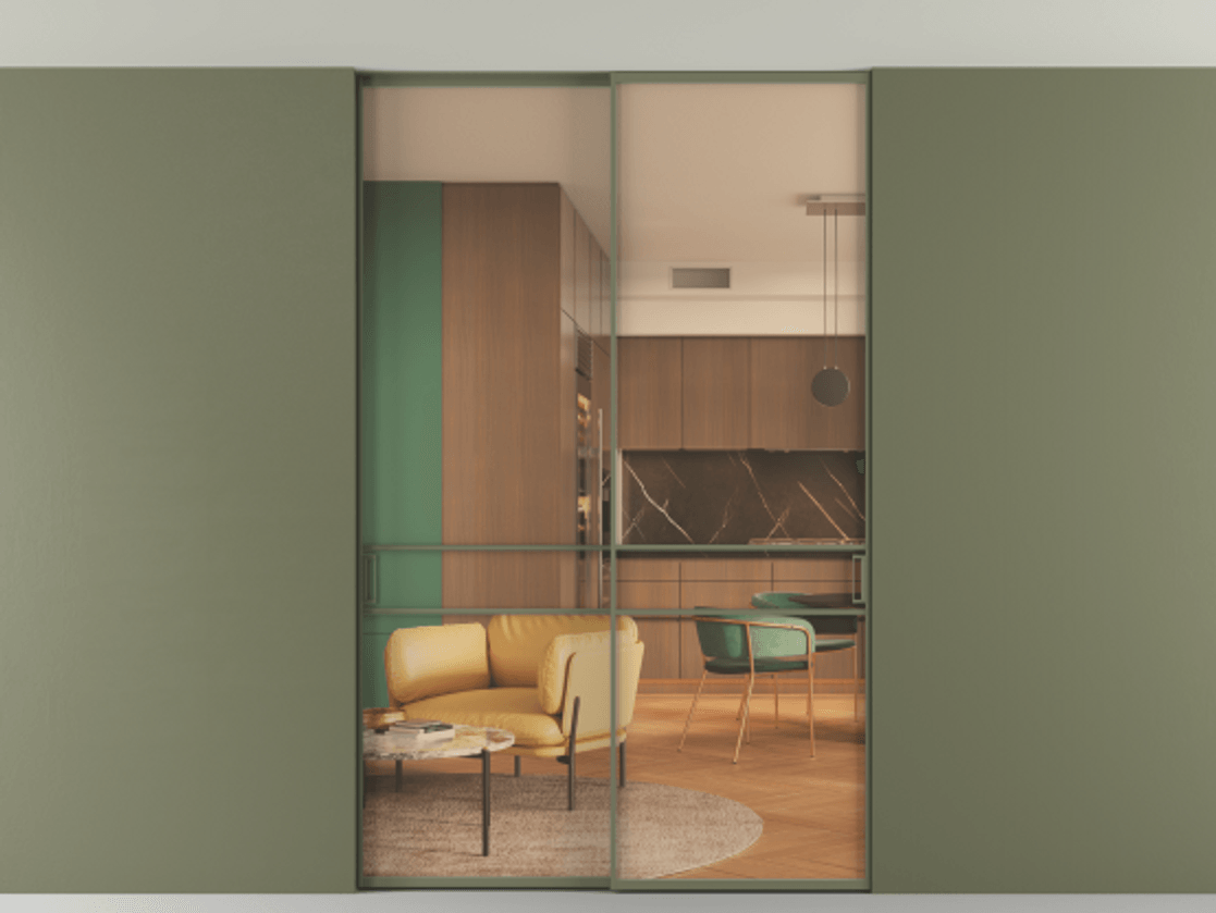 Перегородка Формато внутри проёма скрытое крепление в потолок 2 створки АЛПР 040.02 Алюминий оливковый тёмный Прозрачное оранжевое стекло, триплекс Цена 256476 ₽ | Volhovec