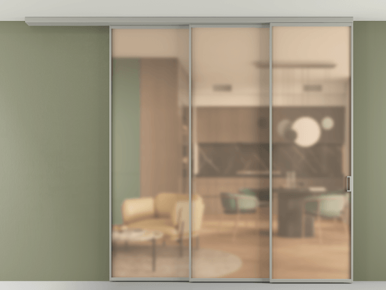 Алюминевая перегородка АЛПР 040.01_АНСР_САТ ОРАНЖ_new. Цвет Алюминий нейтральный серый. Материал Алюминий в эмали. Коллекция Перегородка Формато вдоль стены на потолок 3 створки с синхронным механизмом. Картинка.