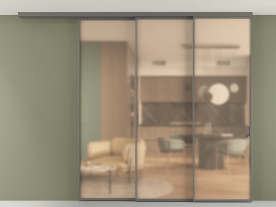 Алюминевая перегородка АЛПР 040.01_АКЛС_САТ ОРАНЖ_new. Цвет Алюминий классический серый. Материал Алюминий в эмали. Коллекция Перегородка Формато вдоль стены на потолок 3 створки с синхронным механизмом. Картинка.