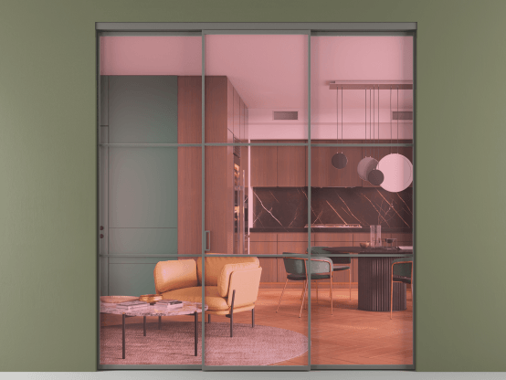 Алюминевая перегородка АЛПР 040.03_АКЛС_ПРОЗ РОЗ_new. Цвет Алюминий классический серый. Материал Алюминий в эмали. Коллекция Перегородка Формато внутри проёма 3 створки. Картинка.