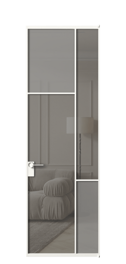 Дверь межкомнатная АЛПЛ041.10 БЕЛ Серый сатин матовое + Серый прозрачное. Цвет Алюминий Белый. Материал Алюминий. Коллекция Мозаик. Картинка.