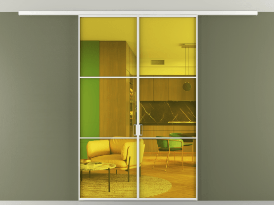 Алюминевая перегородка АЛПР 040.03_АБЛ_ПРОЗ ЖЕЛ_new. Цвет Алюминий белоснежный. Материал Алюминий в эмали. Коллекция Перегородка Формато вдоль стены на потолок 2 створки. Картинка.